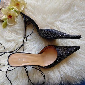 Embellished Black Leather High-Heel Pointed-Toe Mules